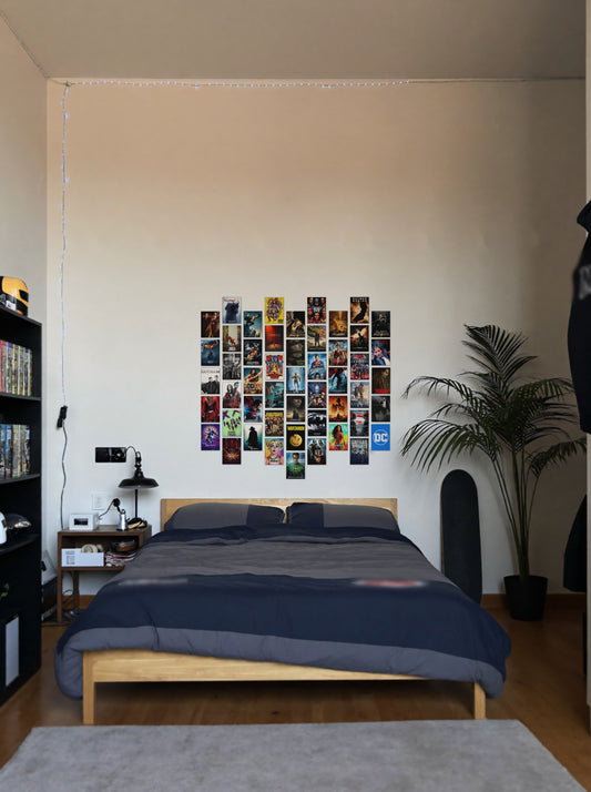 50 Epic DC Cinematic Universe wall setup pack in a real room, view 1