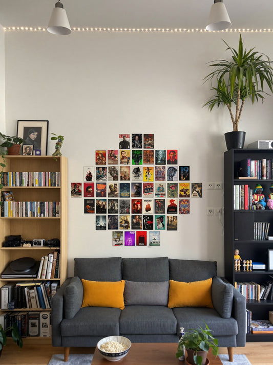 50 Epic Movie Collage wall setup pack in a real room, view 1