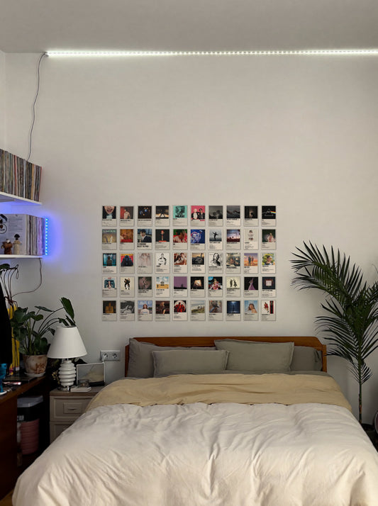 50 Epic Music Card Collage wall setup pack in a real room, view 1
