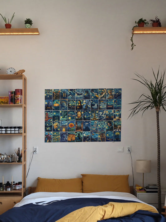 50 Epic Starry Night Collage wall setup pack in a real room, view 1