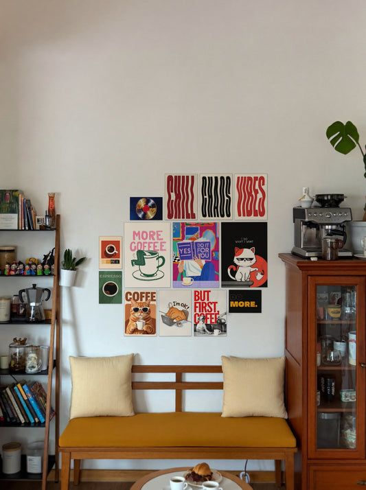 More Coffee and Chill wall setup pack in a real room, view 1