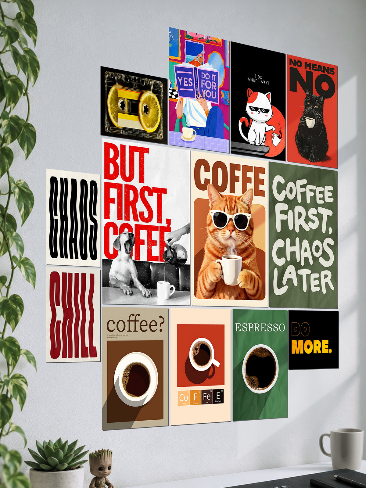 Coffee First Chaos later Wall Setup | Cafe Aesthetic | 13 Piece A3 A4 A5 Mix Pack