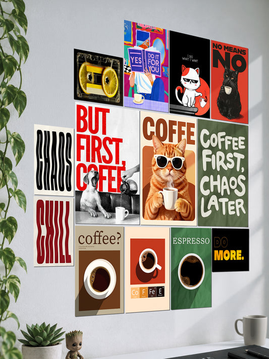 Coffee First Chaos later Wall Setup | Cafe Aesthetic | 13 Piece A3 A4 A5 Mix Pack