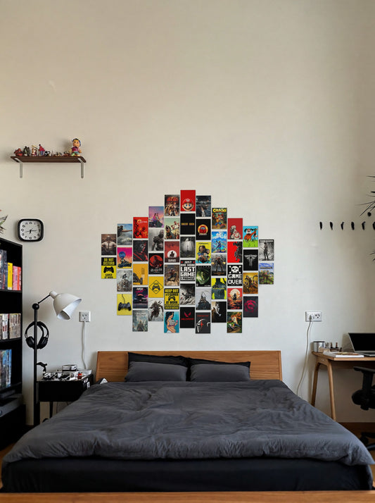50 Epic Game Collage wall setup pack in a real room, view 1