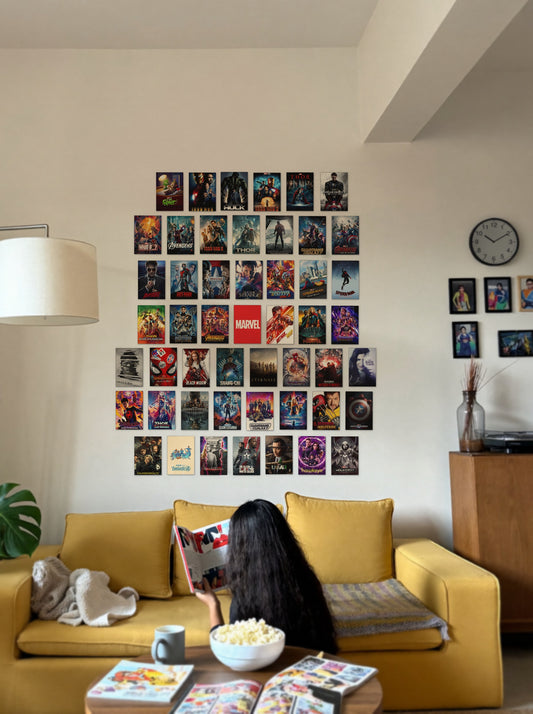 50 Epic Marvel MCU Collage wall setup pack in a real room, view 1