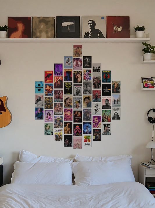 50 Epic Music Collage wall setup pack in a real room, view 1