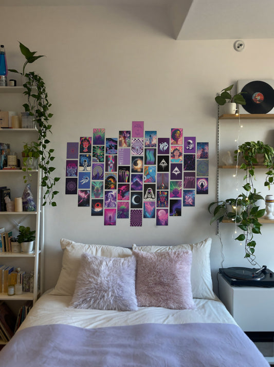 50 Epic Trippy Aesthetic Collage wall setup pack in a real room, view 1