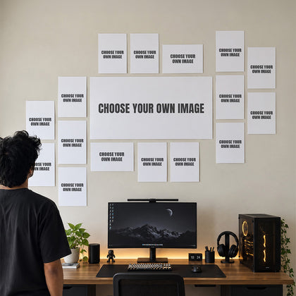 Build Your Wall – choose your own designs, 18-poster collage above a desk