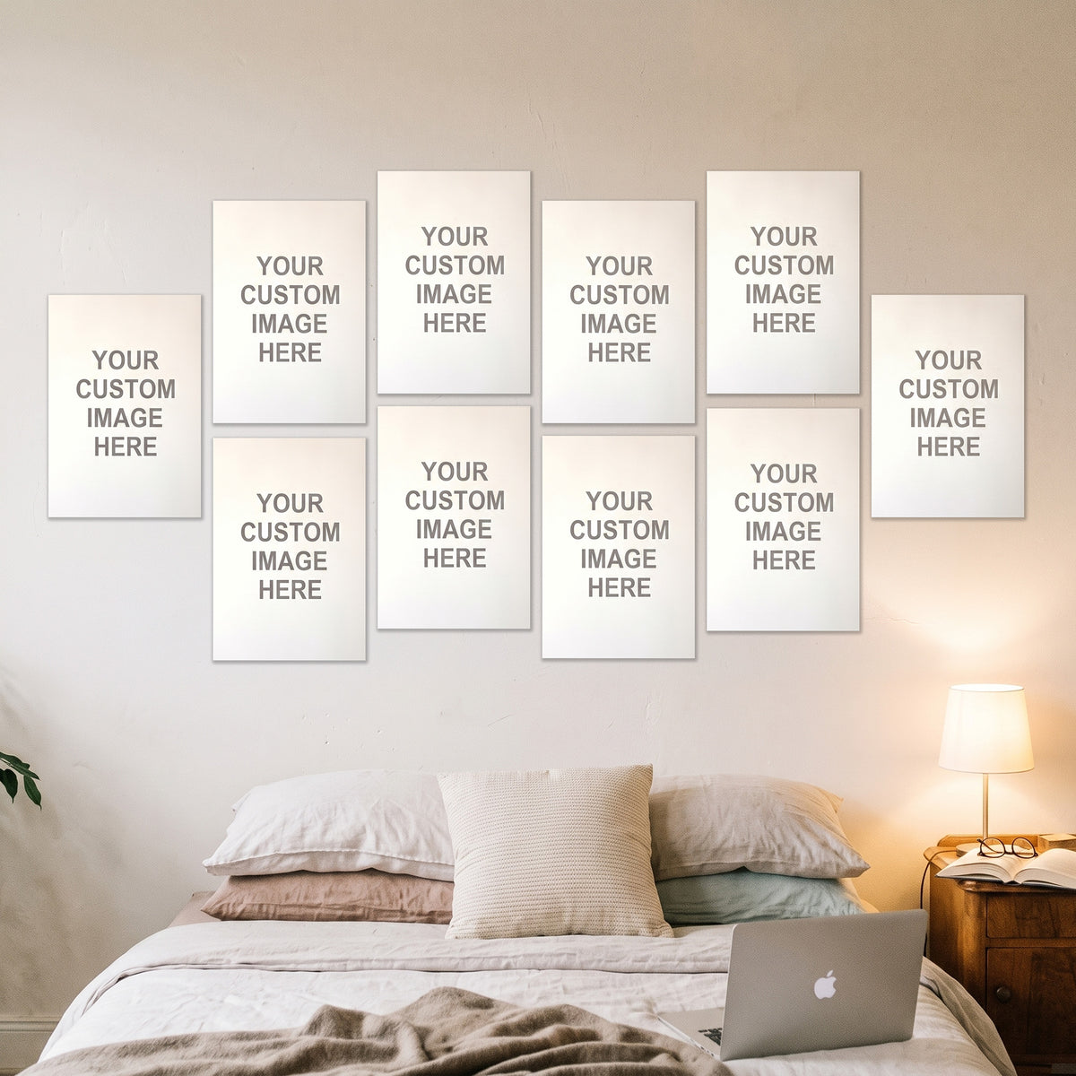 10 posters at 13x19 inches on a wall above a desk