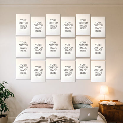18 posters at 13x19 inches on a wall above a desk