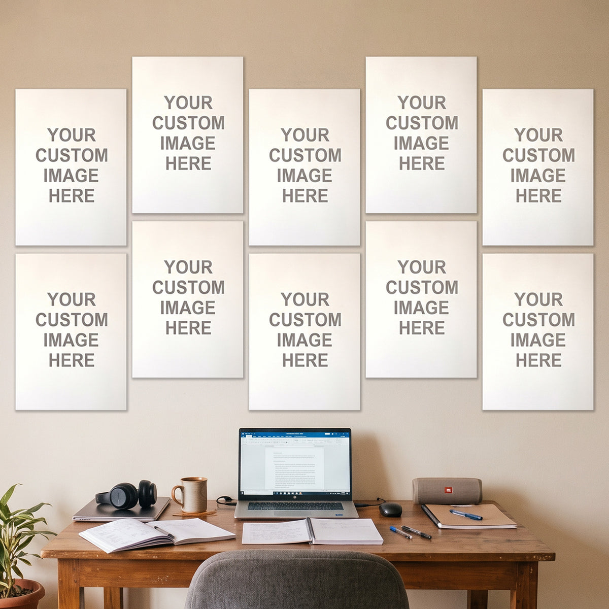 10 A3 posters on a wall above a desk