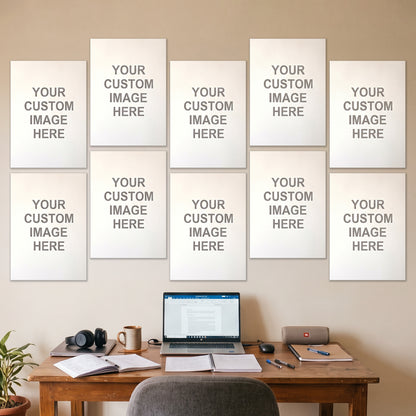 10 A3 posters on a wall above a desk