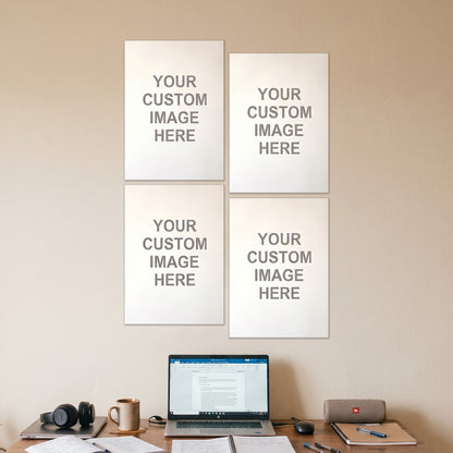 4 A3 posters on a wall above a desk