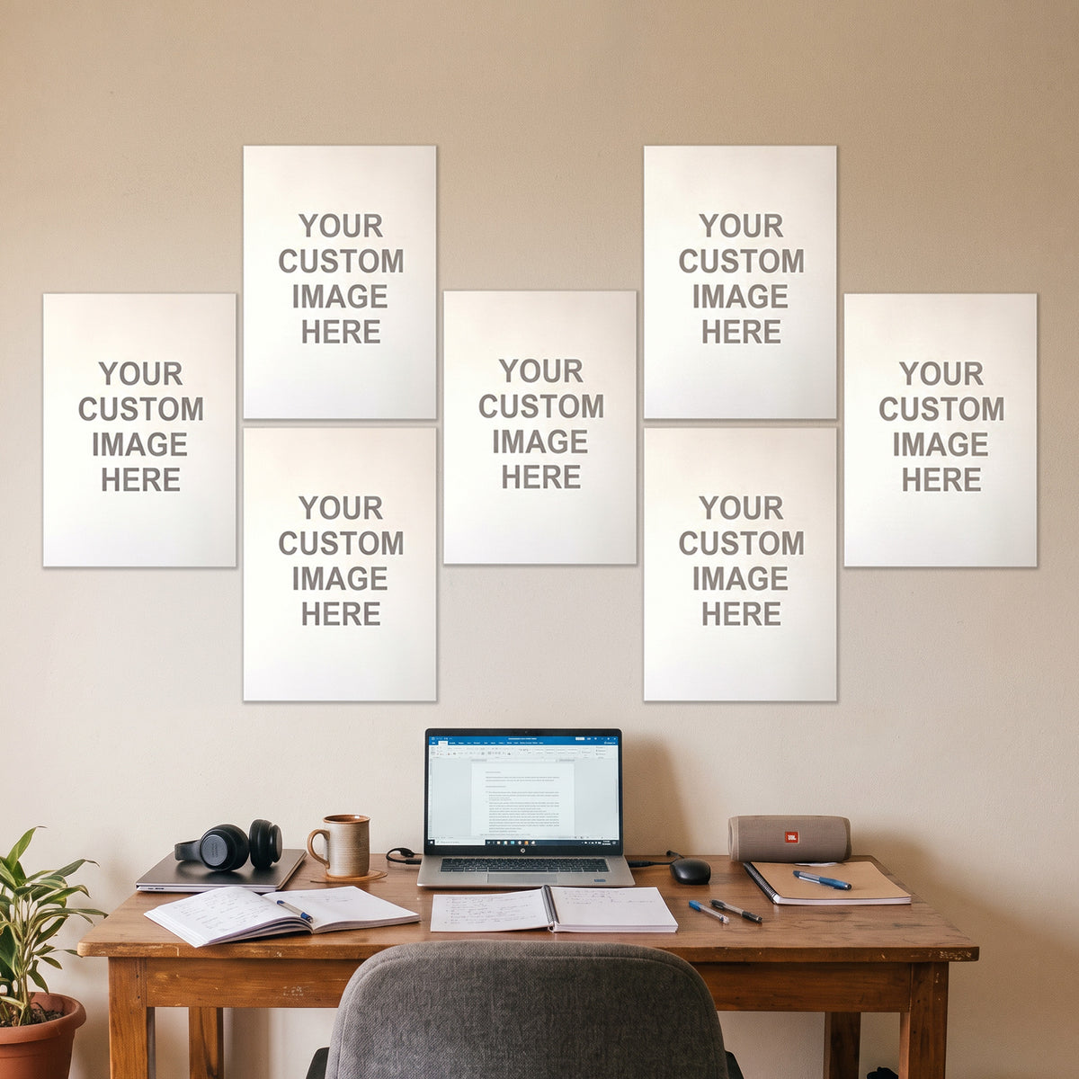 7 A3 posters on a wall above a desk
