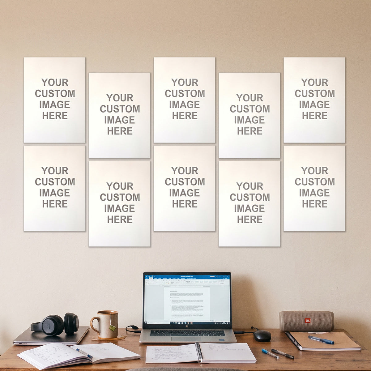 10 A4 posters on a wall above a desk