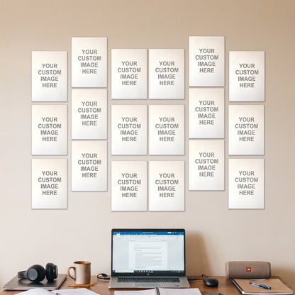 18 A5 posters on a wall above a desk
