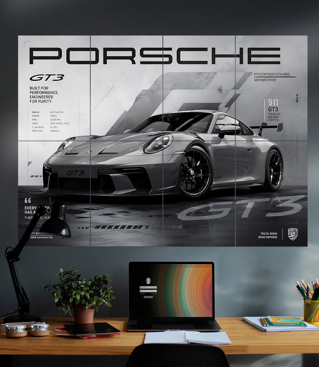 Porsche 911 GT3 | Minimal Motorsport Wall Art | 8 Panel Split Wall Set — view 4