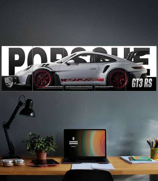 Porsche 911 GT3 RS 5 piece split poster set on a grey wall above a study desk