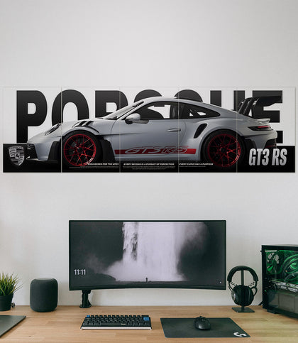 Porsche 911 GT3 RS 5 piece split poster set above a gaming desk setup