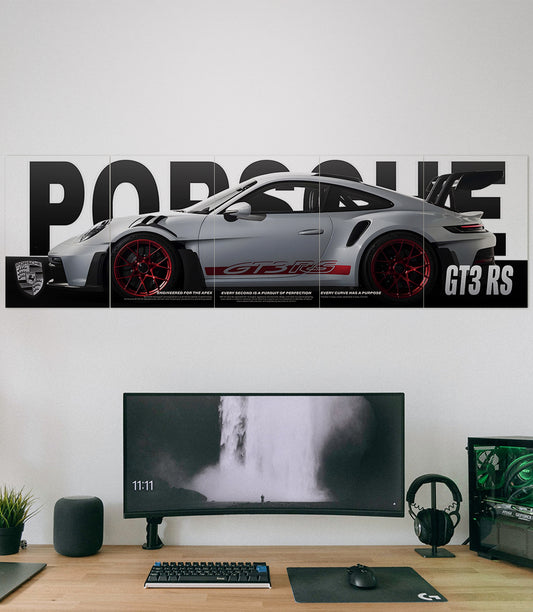 Porsche 911 GT3 RS 5 piece split poster set above a gaming desk setup