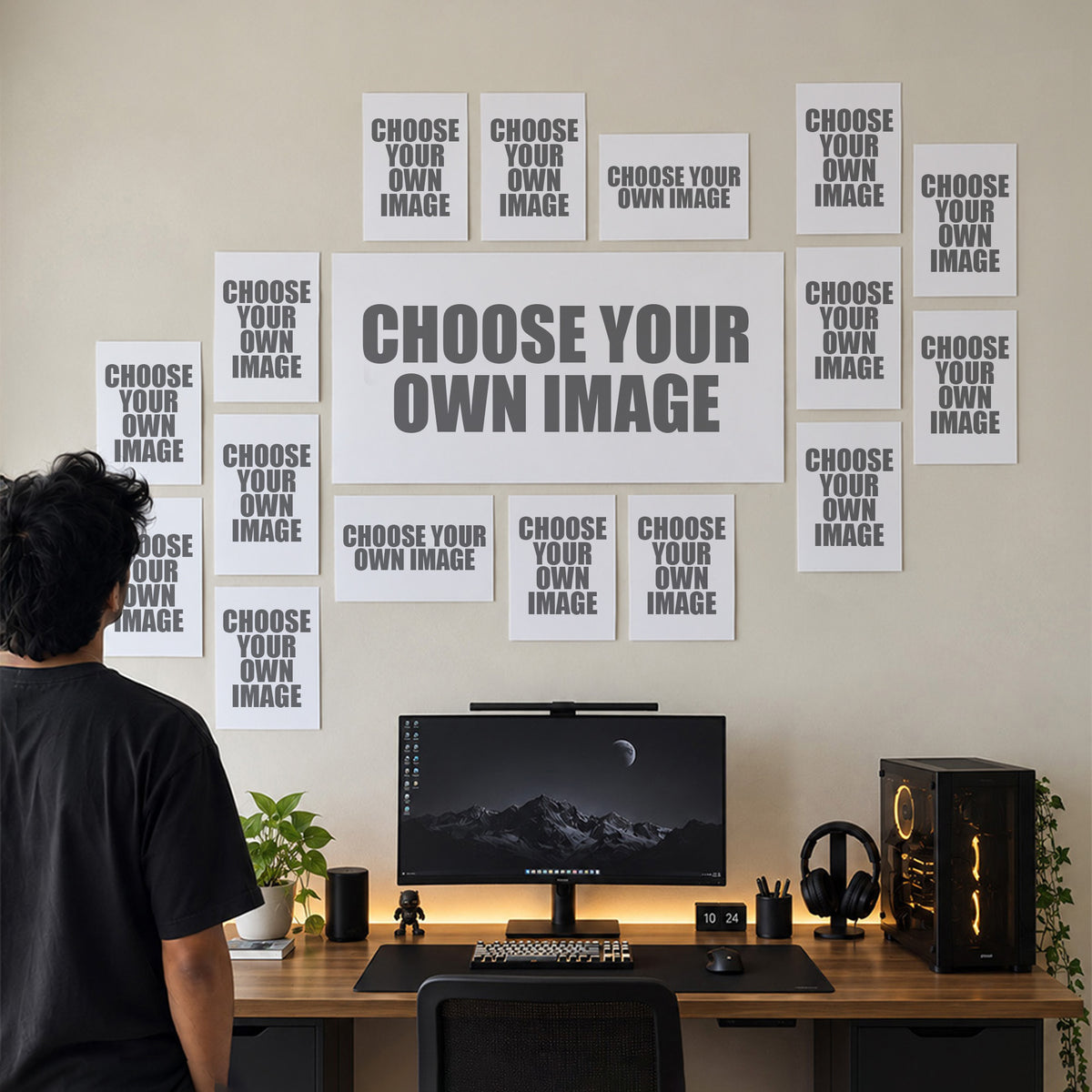 Build Your Wall — choose your own image for every poster, 17-piece wall above a desk