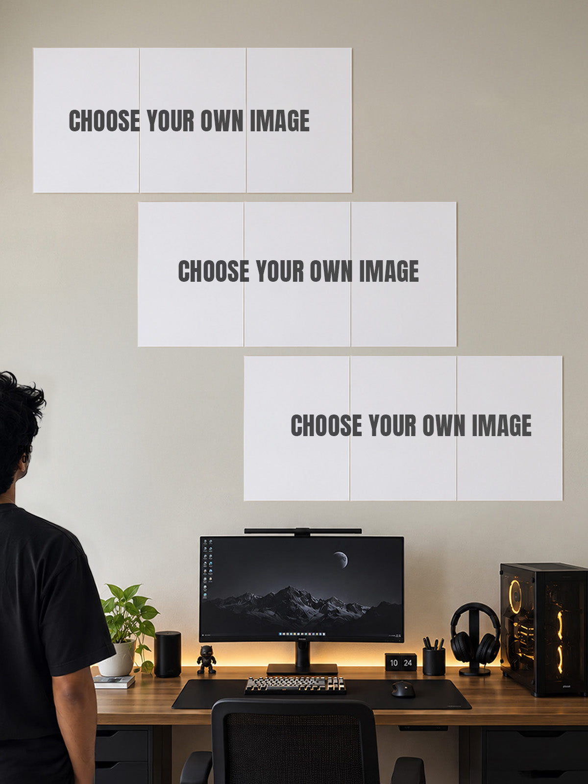 Mix & Match Any 3-Piece Split Posters – three split sets on a desk setup wall