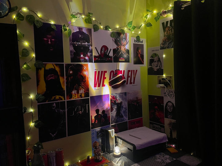 Poster wall with vine lights